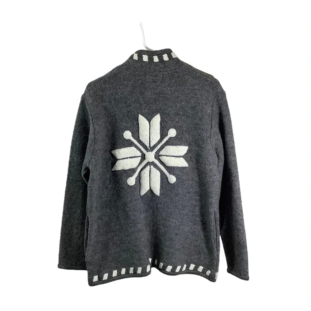 Laura Leigh Ltd. Grey Boiled Wool Zip Up Sweater Snowflakes